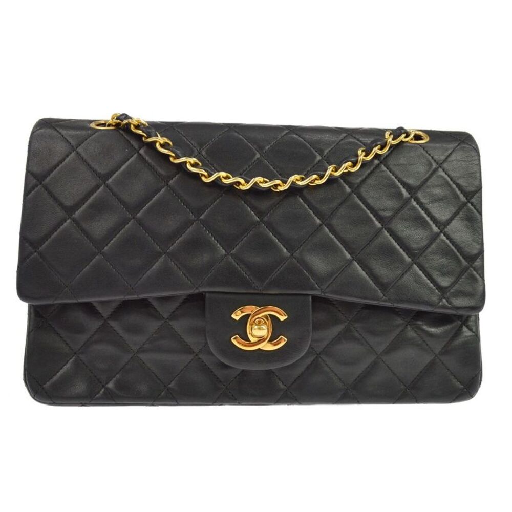 Chanel Vintage Classic Double Flap Quilted Lambskin Black Leather Handbag